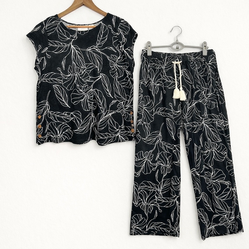 Calypso St. Barth Black Floral Lounge Pantsuit with Cream Drawstring Tassels